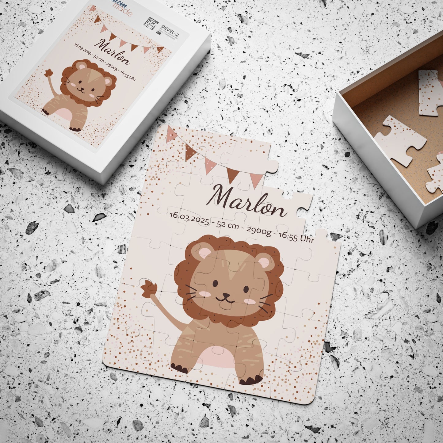 Personalisiertes Kinder Puzzle mit Name & Geburtsdaten / 30 Teile Löwe