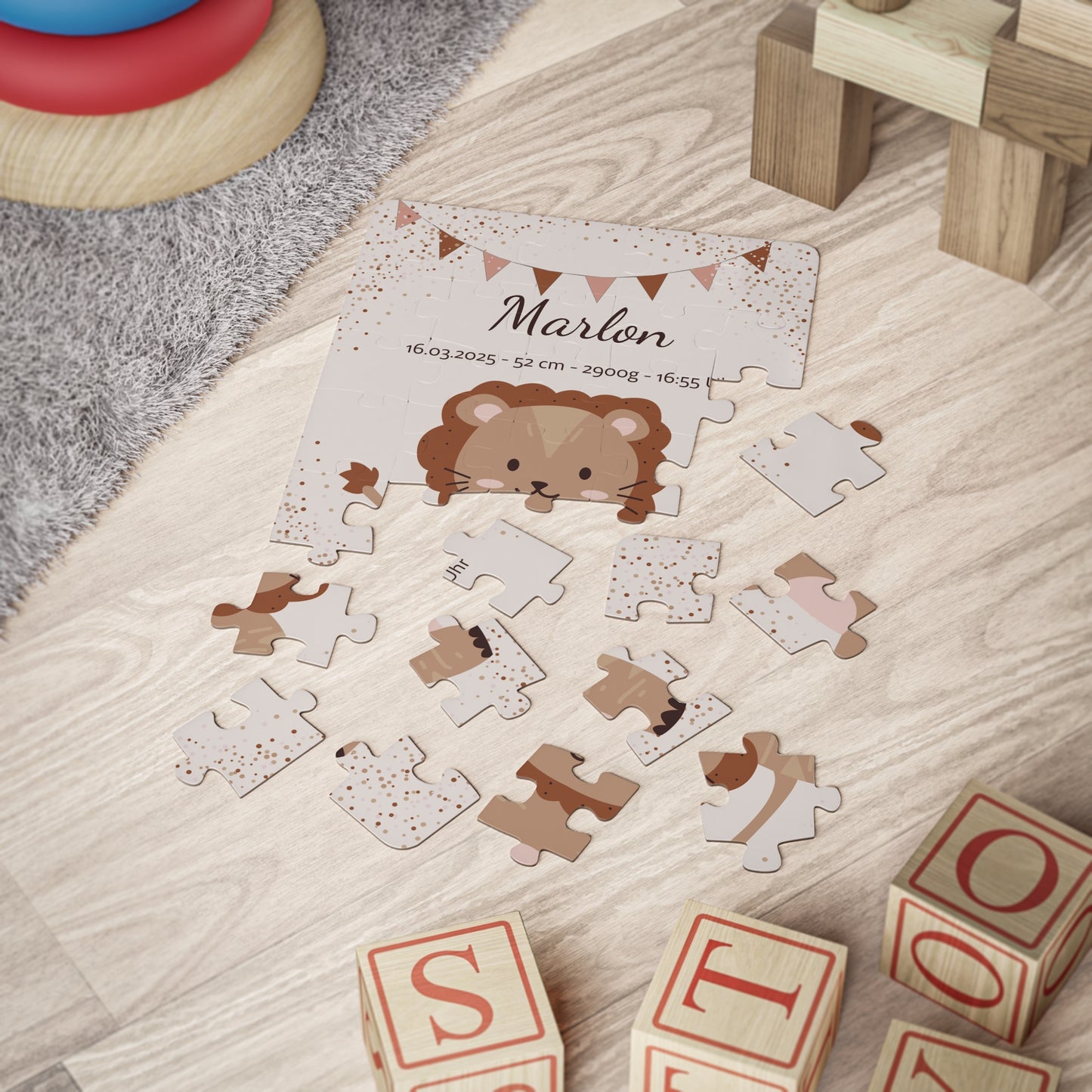 Personalisiertes Kinder Puzzle mit Name & Geburtsdaten / 30 Teile Löwe