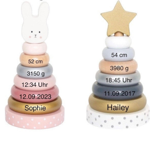 Stapelturm Holz mit Name und Geburtsdaten personalisiert / Hase oder Stern - einzigartigliebe
