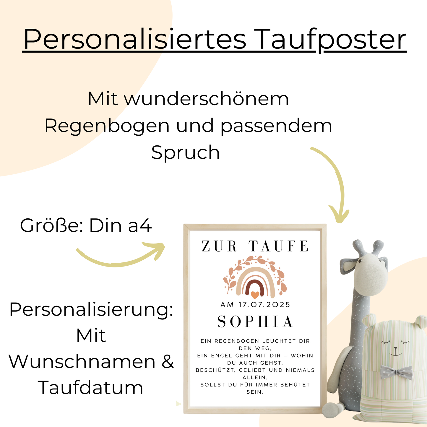 Personalisiertes Taufposter mit Name & Datum – Geschenk zur Taufe mit Regenbogen – 3 Rahmenfarben