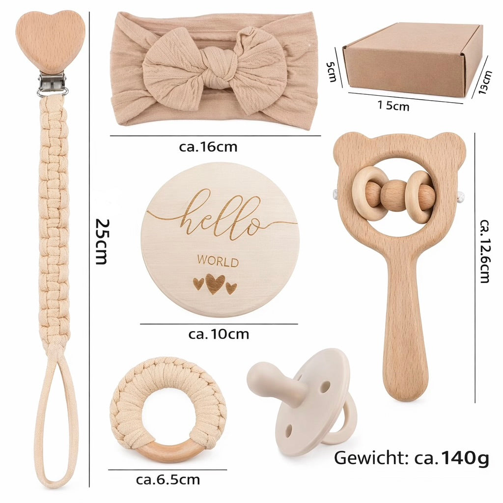 Personalisiertes 6-teiliges Baby Geschenkset – mit Beißring, Schnullerkette & Holzkarte – ideal zur Geburt oder Babyparty