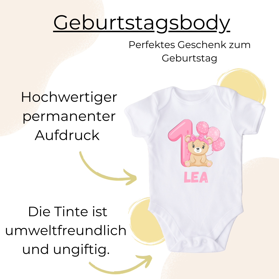 Personalisierter Baby Body Teddy Rosa 1 / erster Geburtstag Shirt