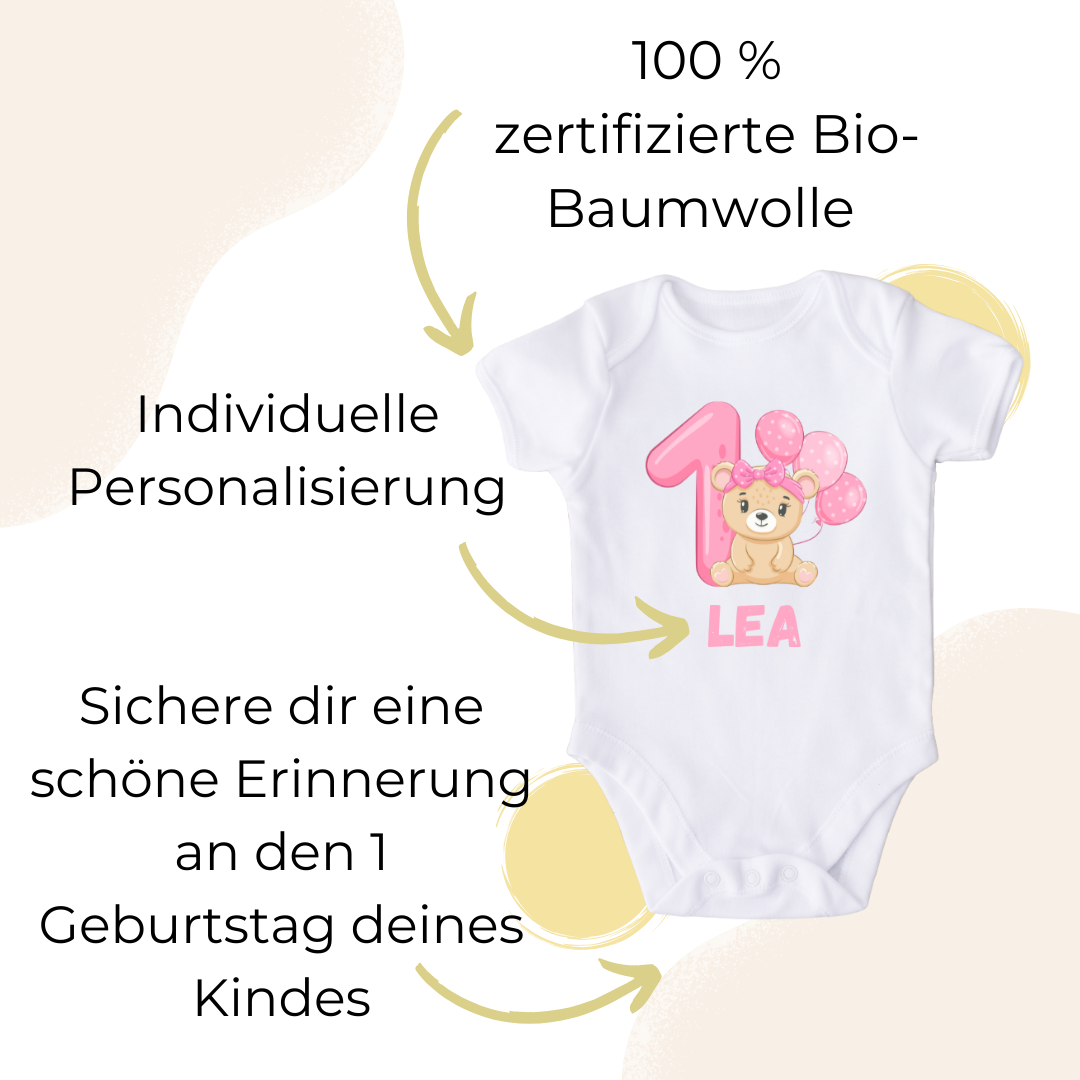 Personalisierter Baby Body Teddy Rosa 1 / erster Geburtstag Shirt