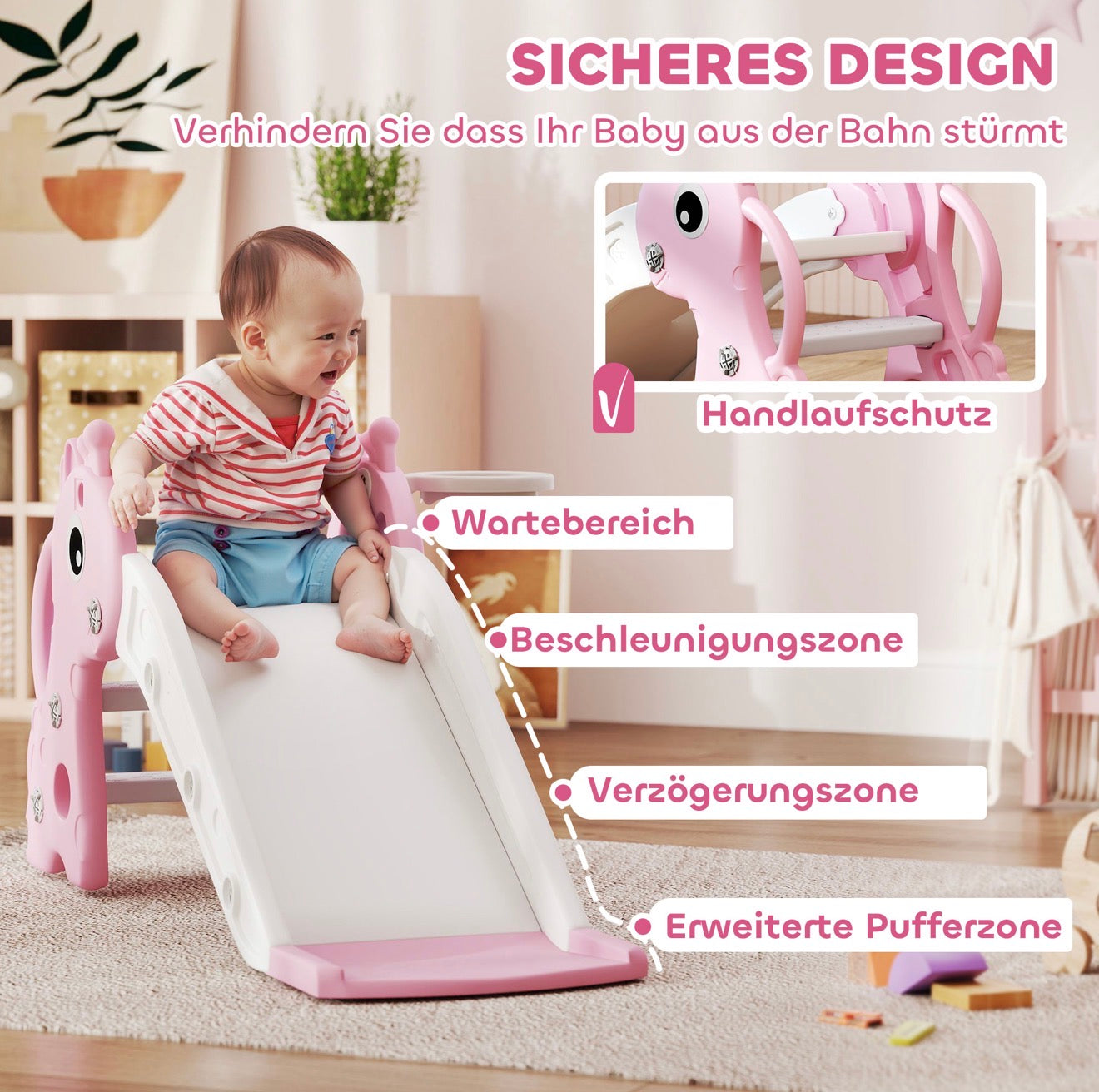 3 in 1 Kinderrutsche Rosa Giraffe mit Basketballkorb & Kletterteil
