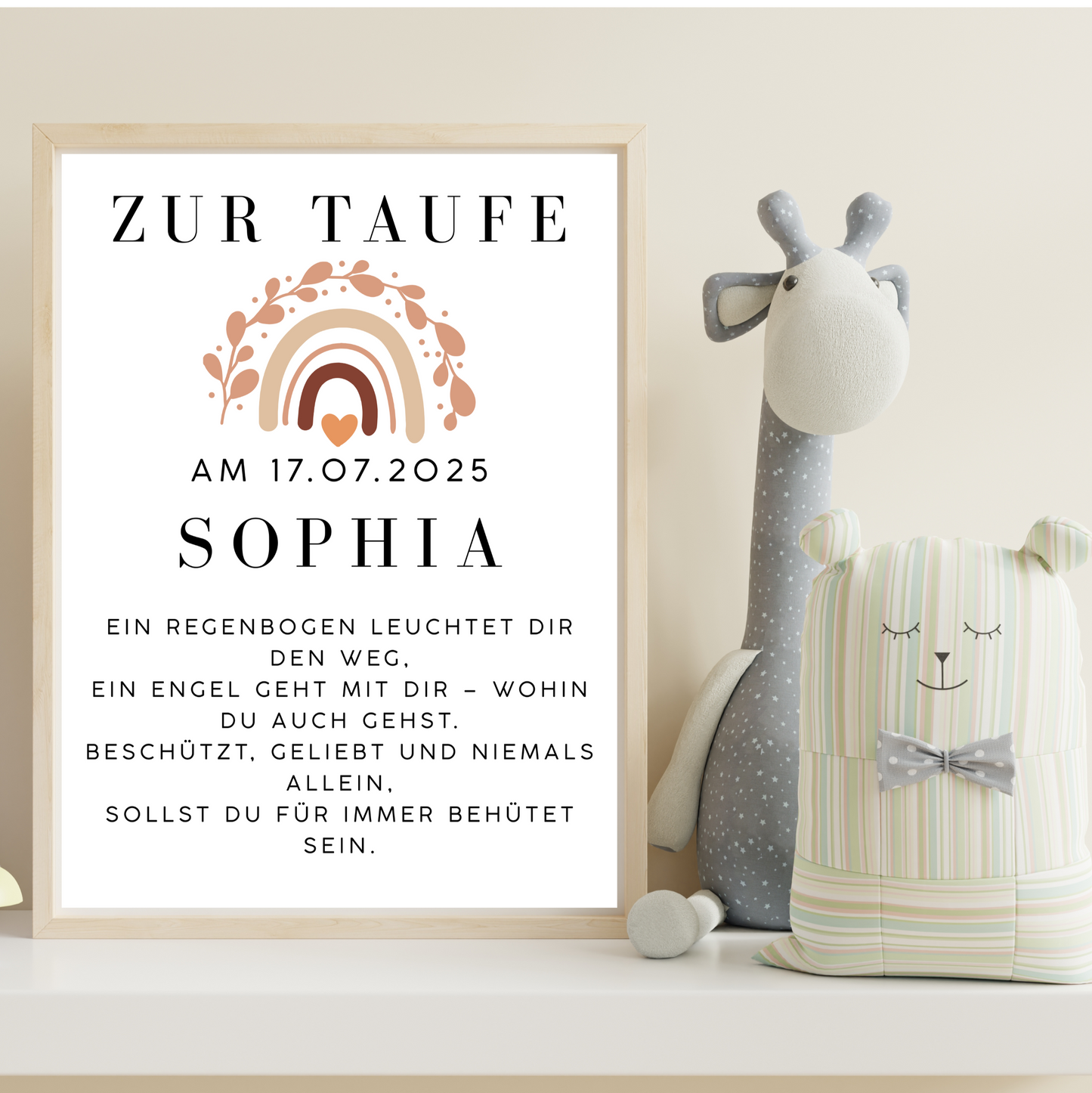 Taufposter mit Name, Datum und einem Spruch