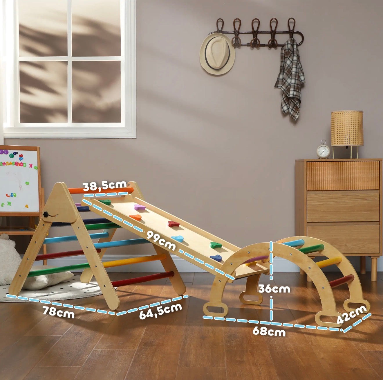Schaukel, Rutsche und Klettergerüst für Kinder ab 2 Jahre, Holz Kletterspielzeug, Geschenk zur Geburt