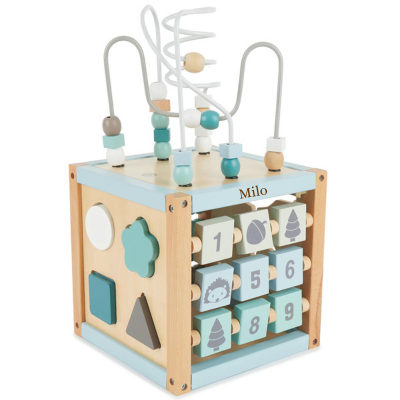 Blau-beiger Motorikwürfel aus Holz als Weihnachtsgeschenk für Kinder