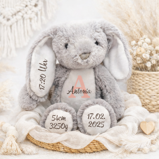 Personalisiertes Geschenk zur Geburt – Kuscheltier Hase mit Namen und Geburtsdaten