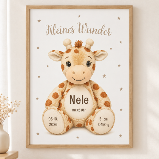 Geburtsposter Kleines Wunder mit Giraffe, Name Nele und Geburtsdaten im Holzoptikrahmen