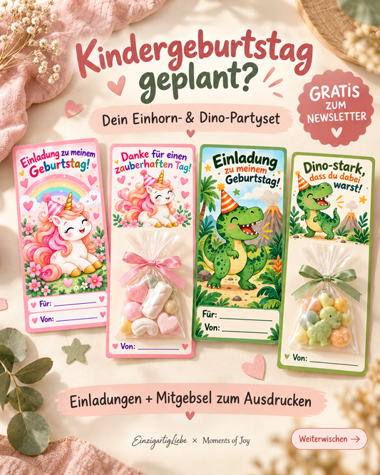 Gratis Einhorn- und Dino-Partyset zum Ausdrucken als Newsletter-Geschenk