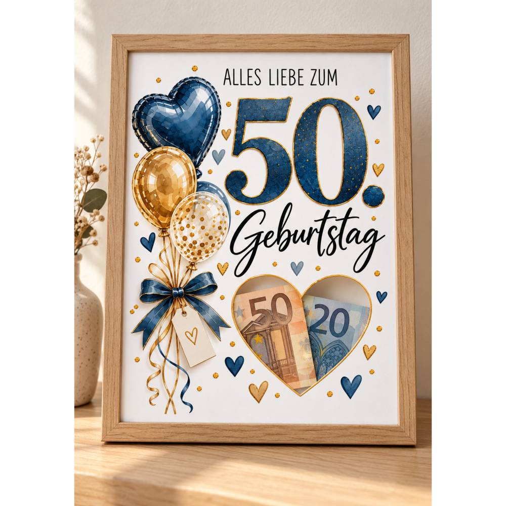 Geldgeschenk zum 50. Geburtstag von Moments of Joy mit Herzfenster für Geldscheine – Anwendungsbeispiel