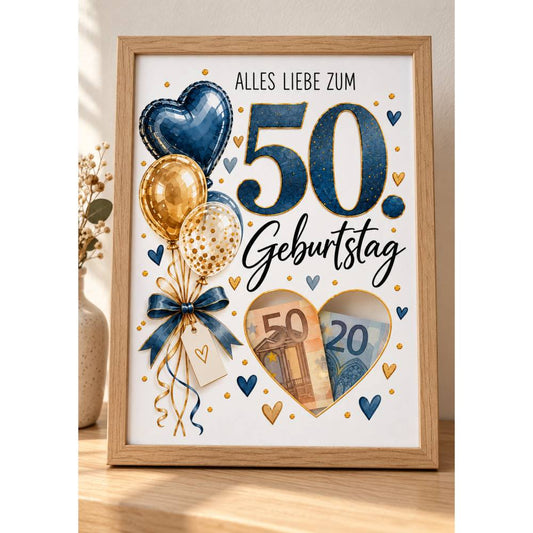 Geldgeschenk zum 50. Geburtstag von Moments of Joy mit Herzfenster für Geldscheine – Anwendungsbeispiel