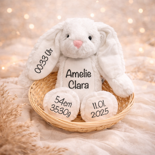 Kuscheltier Hase Personalisiert mit Name und Geburtsdaten / Ostergeschenk