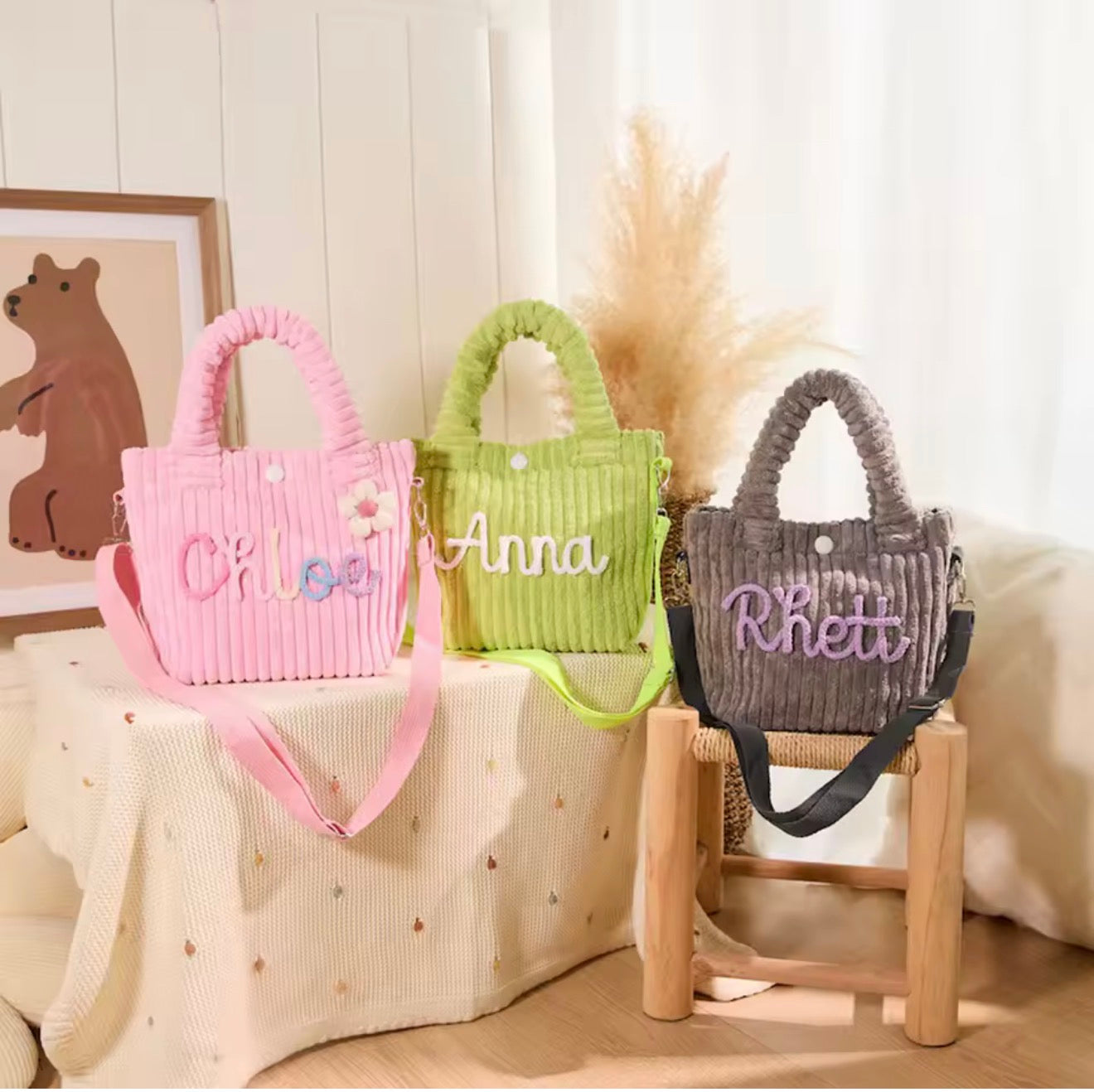 Personalisierte Cordtasche für Kinder mit Namen – Bestickte Umhängetasche & Handtasche in verschiedenen Farben
