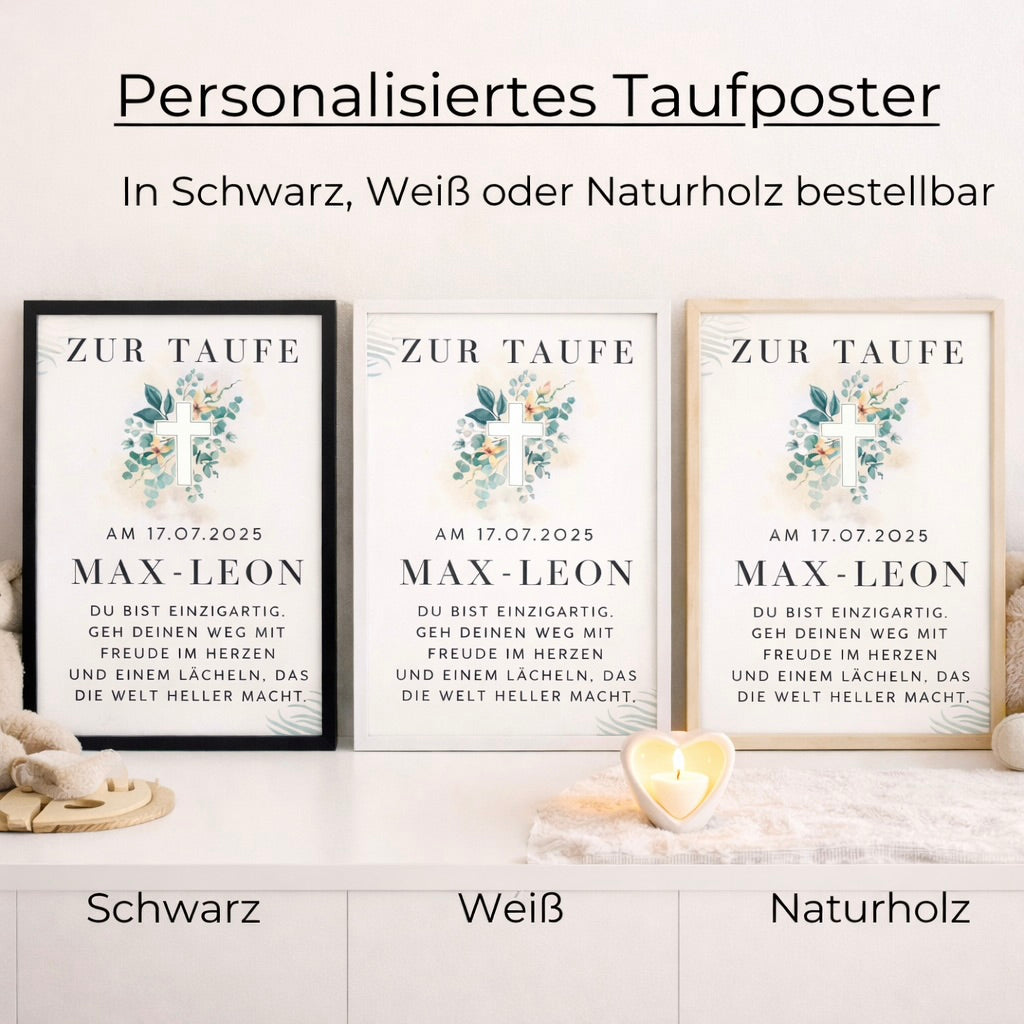 Personalized baptism poster with name &amp; date – baptism gift with cross – 3 frame colors