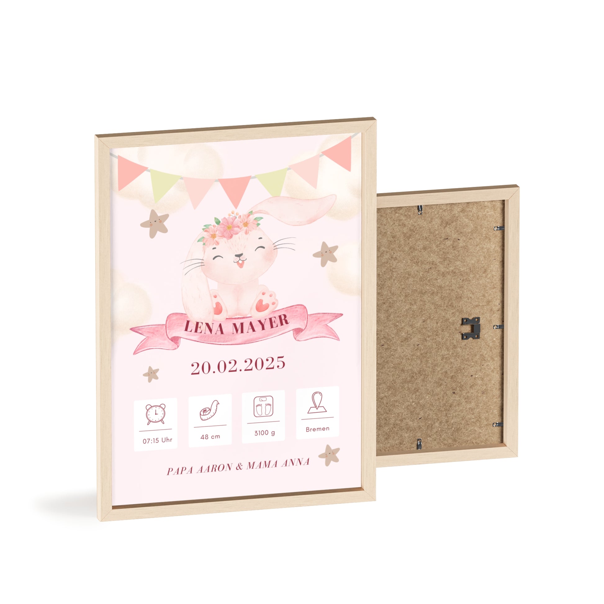Personalisierte Geburts-Poster – Rosa Häschen Traum - einzigartigliebe