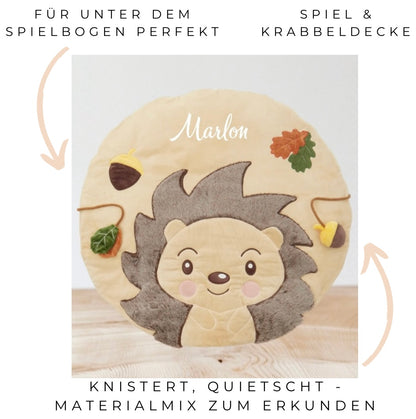 Personalisierte Krabbeldecke / Babydecke für Spielbögen / Rosa Reh oder Beige Igel - einzigartigliebe