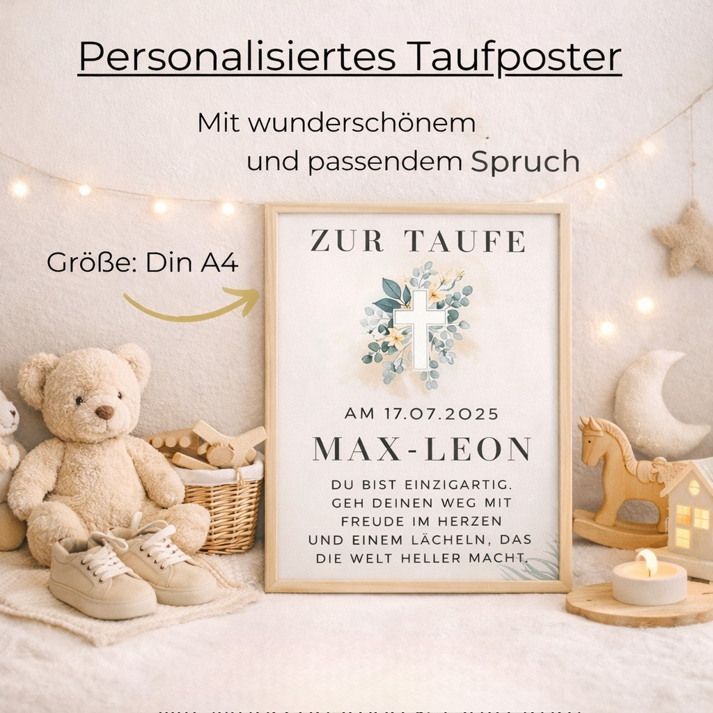 Personalized baptism poster with name &amp; date – baptism gift with cross – 3 frame colors