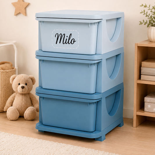Aufbewahrungsboxen für Kinder, 3 Schubladen, abgerundete Kanten, erhöhtes Design, 37x37x56,5 cm, Blau