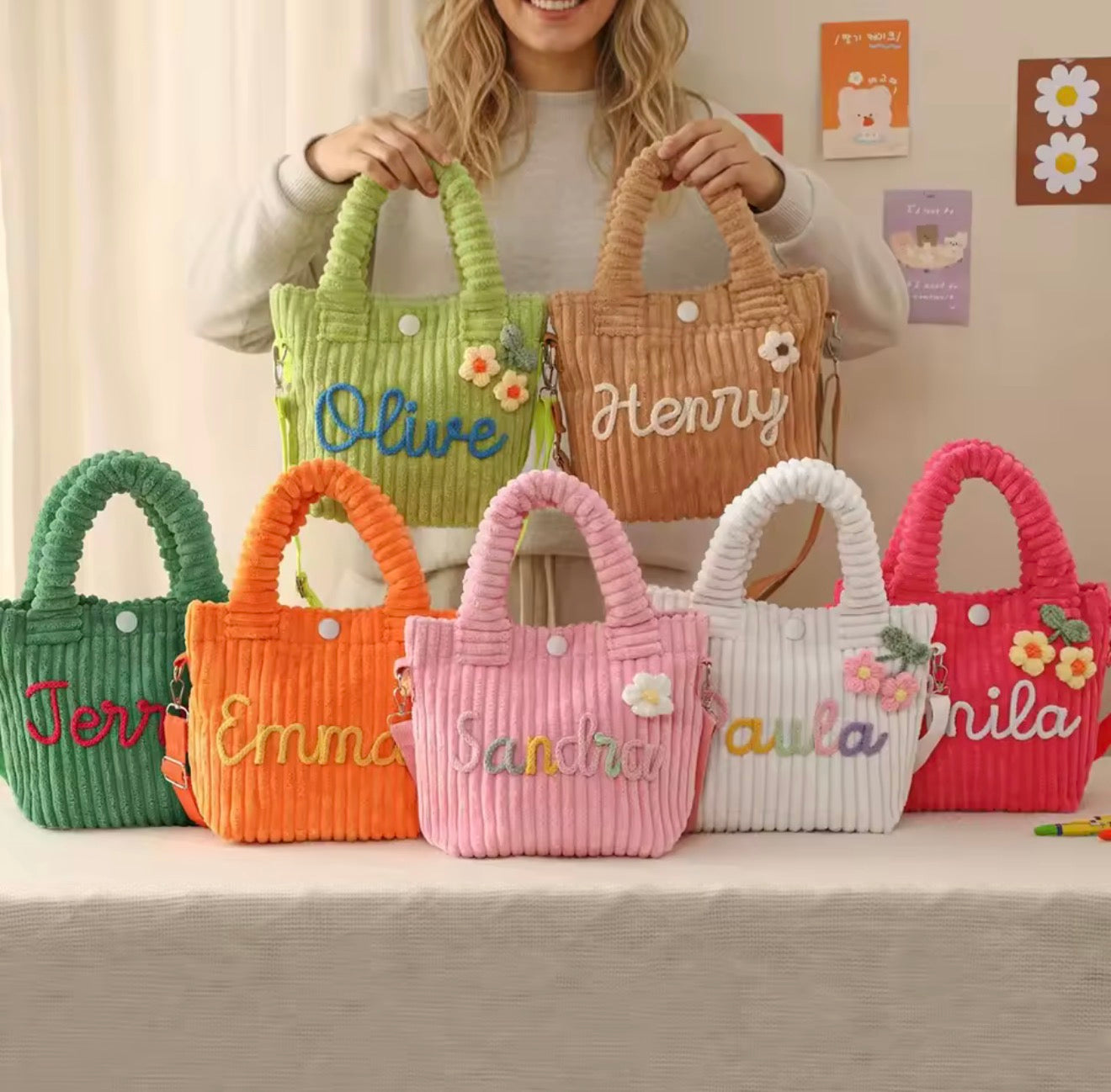 Personalisierte Cordtasche für Kinder mit Namen – Bestickte Umhängetasche & Handtasche in verschiedenen Farben