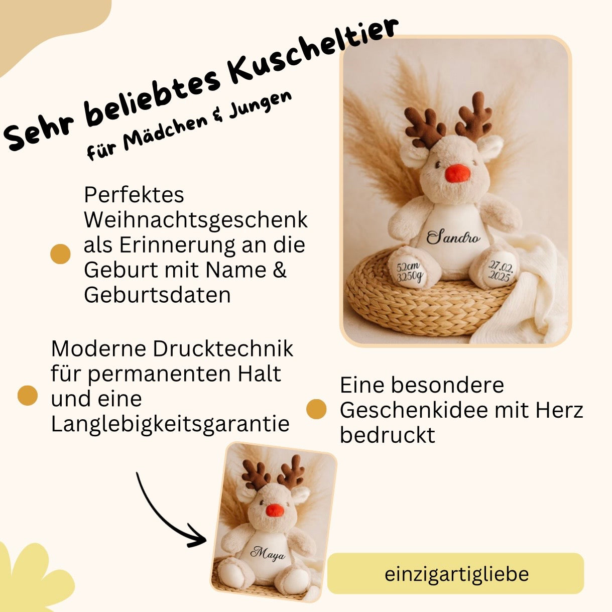 Cuddly toy reindeer personalized with name and date / Christmas gift