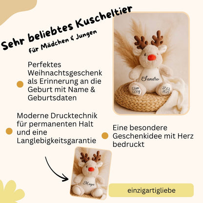 Kuscheltier Rentier personalisiert mit Name und Datum / Weihnachtsgeschenk