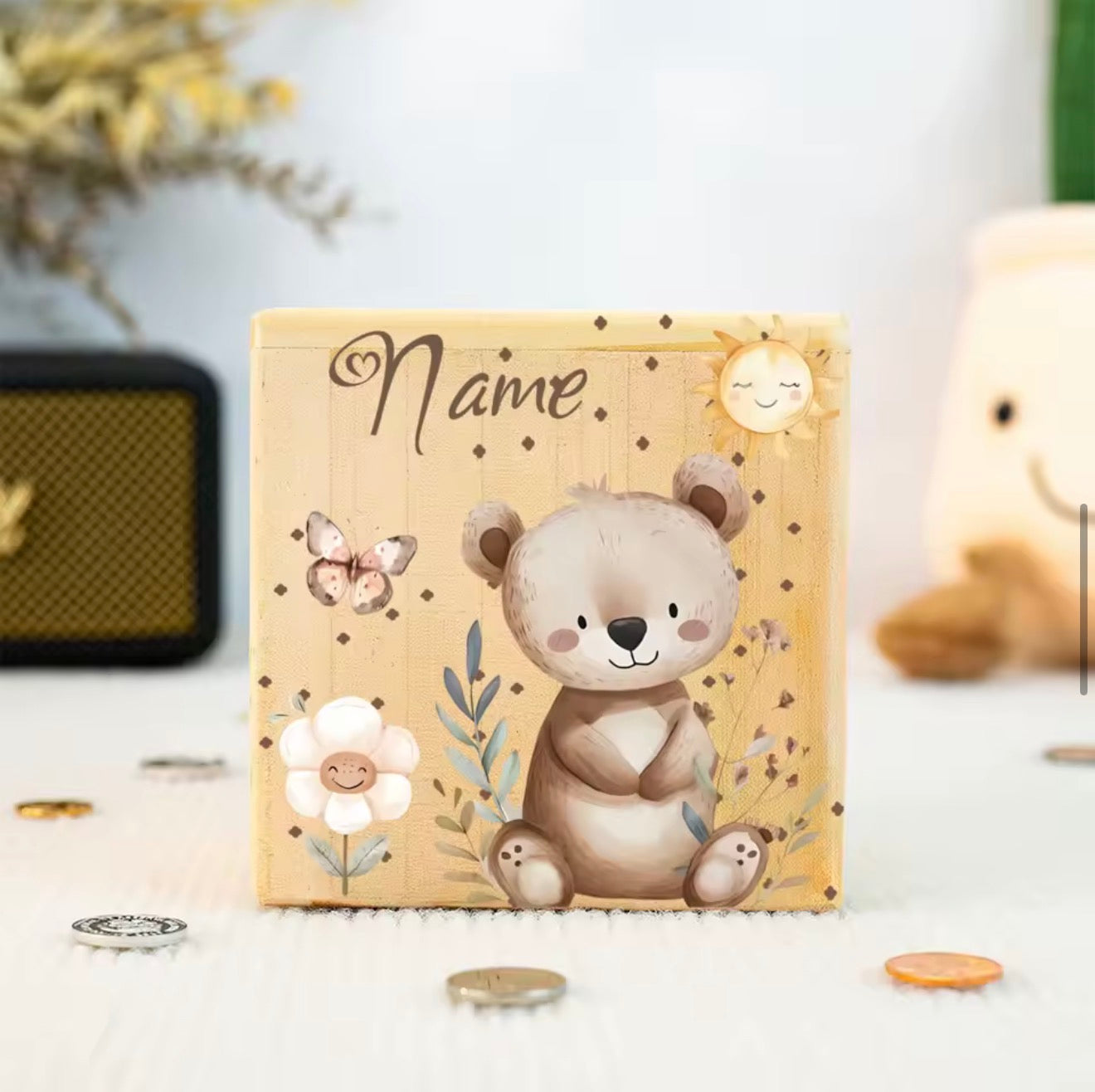 Personalisierte Holz-Spardose mit Name | Süße Tiermotive | Geschenk zur Geburt, Taufe & Geburtstag
