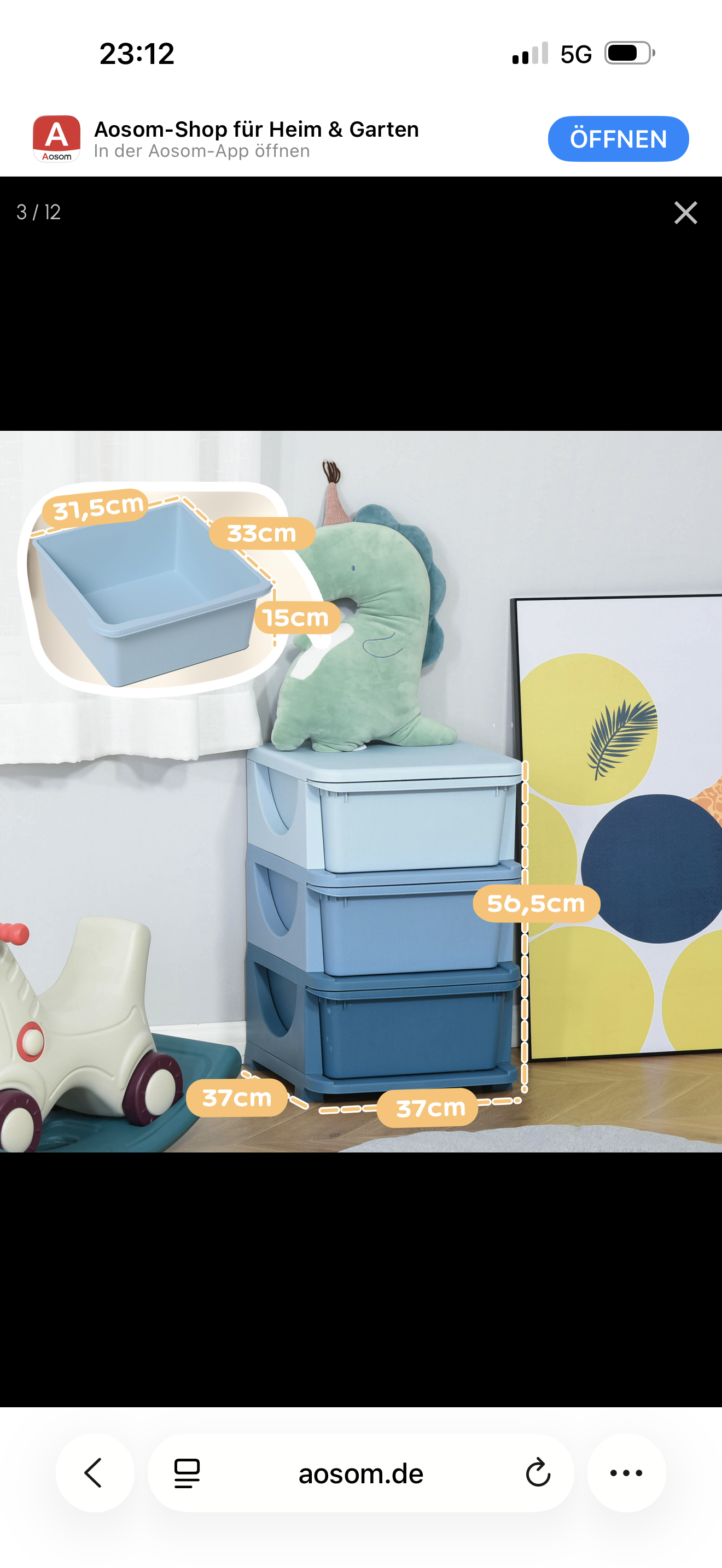 Aufbewahrungsboxen für Kinder, 3 Schubladen, abgerundete Kanten, erhöhtes Design, 37x37x56,5 cm, Blau