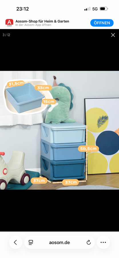Aufbewahrungsboxen für Kinder, 3 Schubladen, abgerundete Kanten, erhöhtes Design, 37x37x56,5 cm, Blau