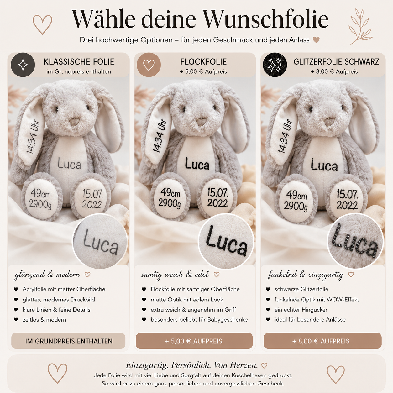 Personalisierter Kuschel-Hase „Für immer geliebt“ – Erinnerungs- & Trostgeschenk
mit Namen & Geburtsdaten