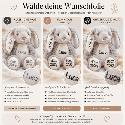 Personalisierter Kuschel-Hase „Für immer geliebt“ – Erinnerungs- & Trostgeschenk
mit Namen & Geburtsdaten
