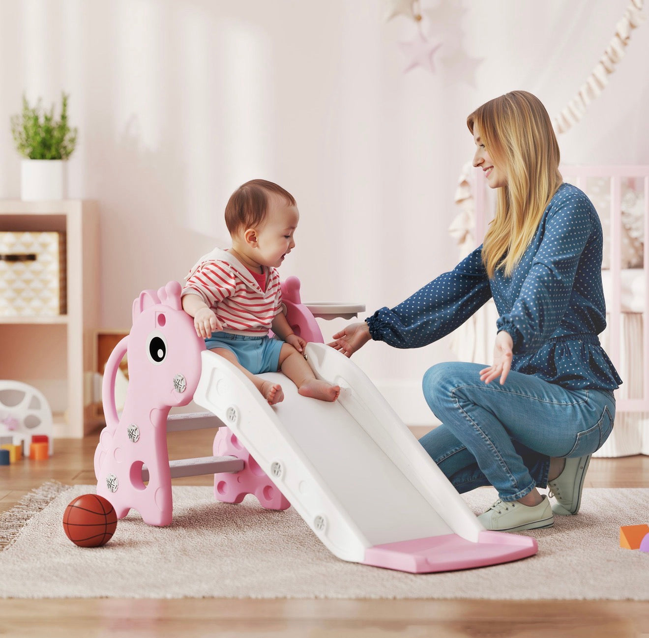 3 in 1 Kinderrutsche Rosa Giraffe mit Basketballkorb & Kletterteil