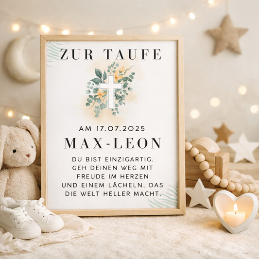 Personalisiertes Taufplakat mit Name & Datum – Taufgeschenk mit Kreuz – 3 Rahmenfarben