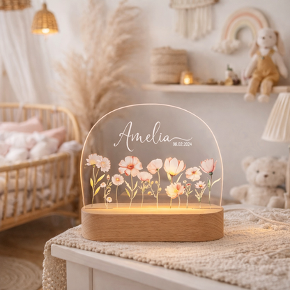 Personalized night light for children with pink flowers / name &amp; date of birth