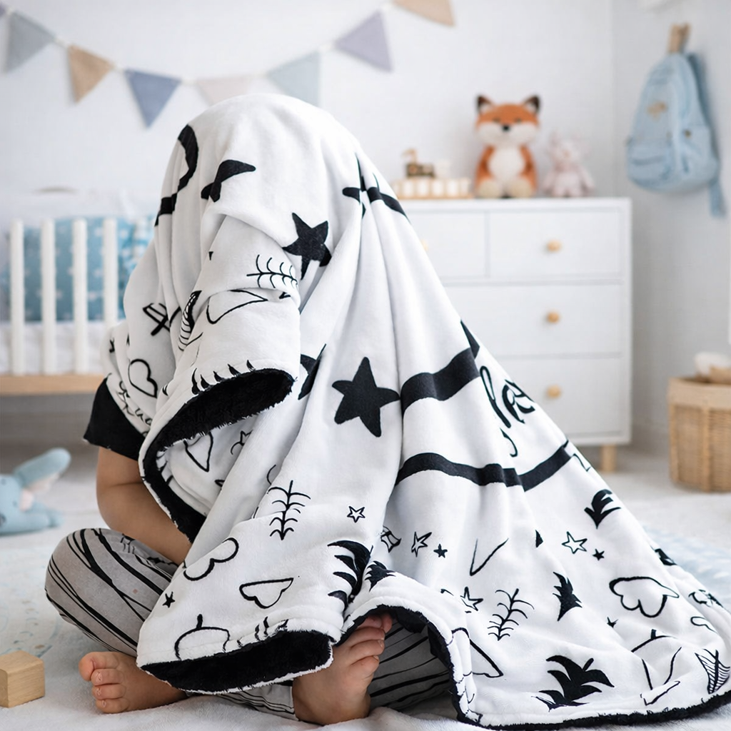 Personalized baby blanket / embroidered name black/white