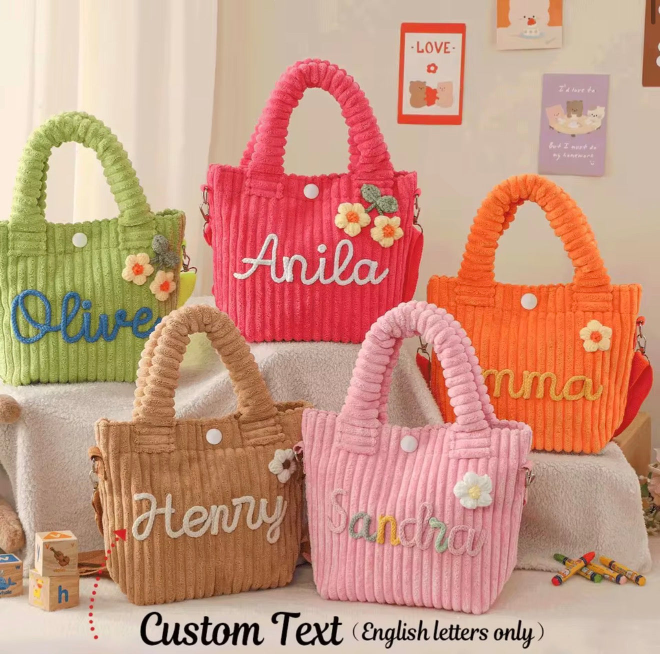 Personalisierte Cordtasche für Kinder mit Namen – Bestickte Umhängetasche & Handtasche in verschiedenen Farben