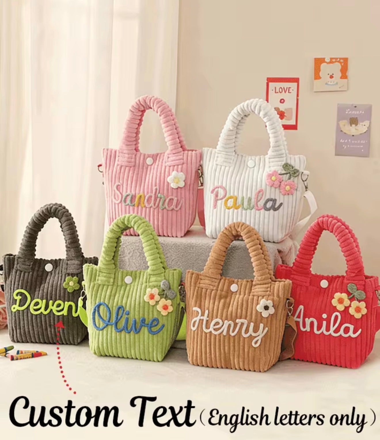 Personalisierte Cordtasche für Kinder mit Namen – Bestickte Umhängetasche & Handtasche in verschiedenen Farben