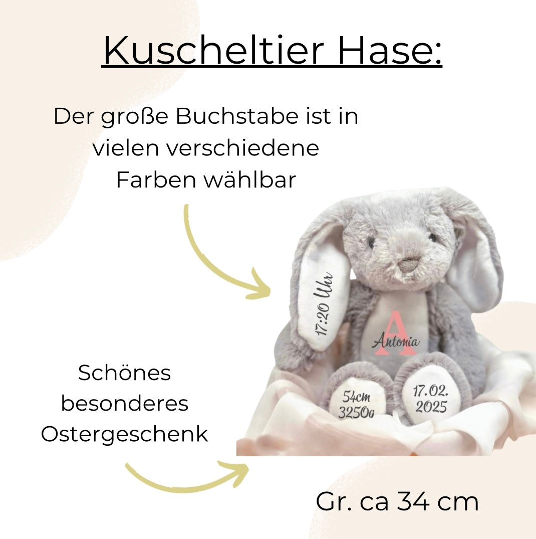 Kuscheltier Hase Personalisiert mit Namen und Geburtsdaten Rosa / Ostergeschenk