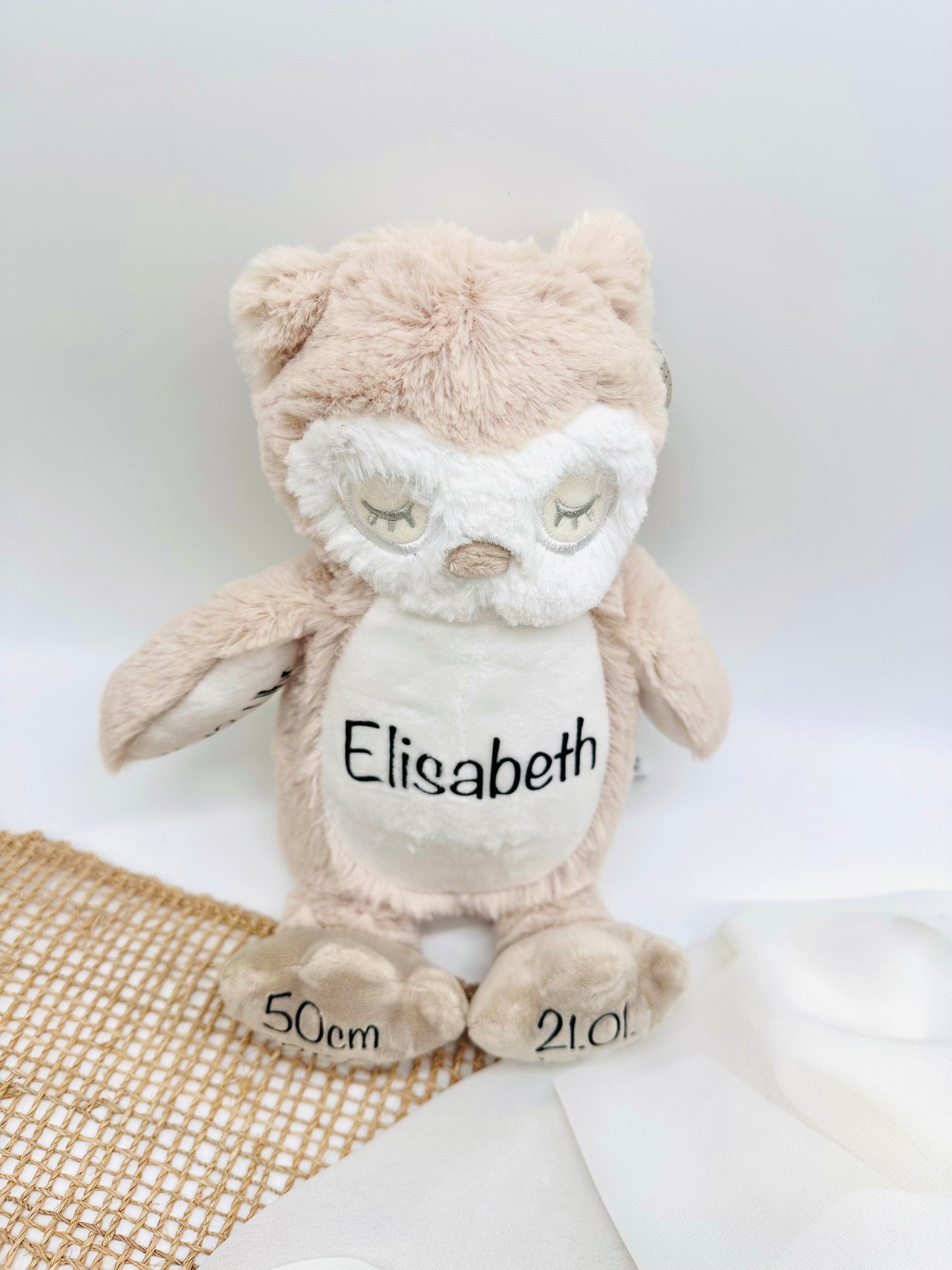Cuddly toy owl personalized with name and date of birth