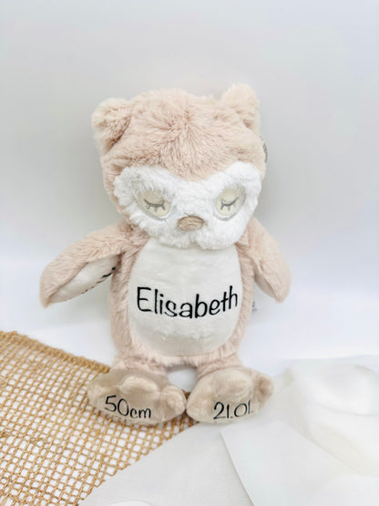 Cuddly toy owl personalized with name and date of birth