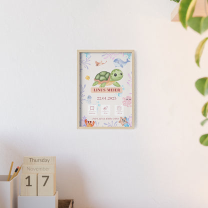 Personalisierte Geburts-Poster – Meerestiere Traum - einzigartigliebe