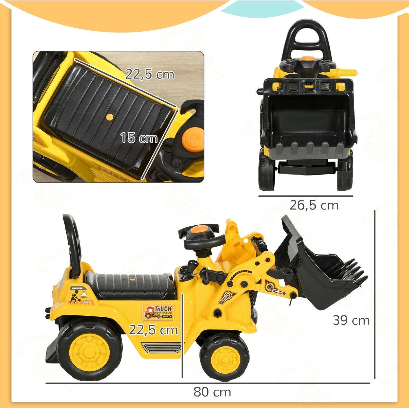 Kinder Bagger Rutschauto mit Schaufel | Aufsitzbagger für Sandkasten & Garten