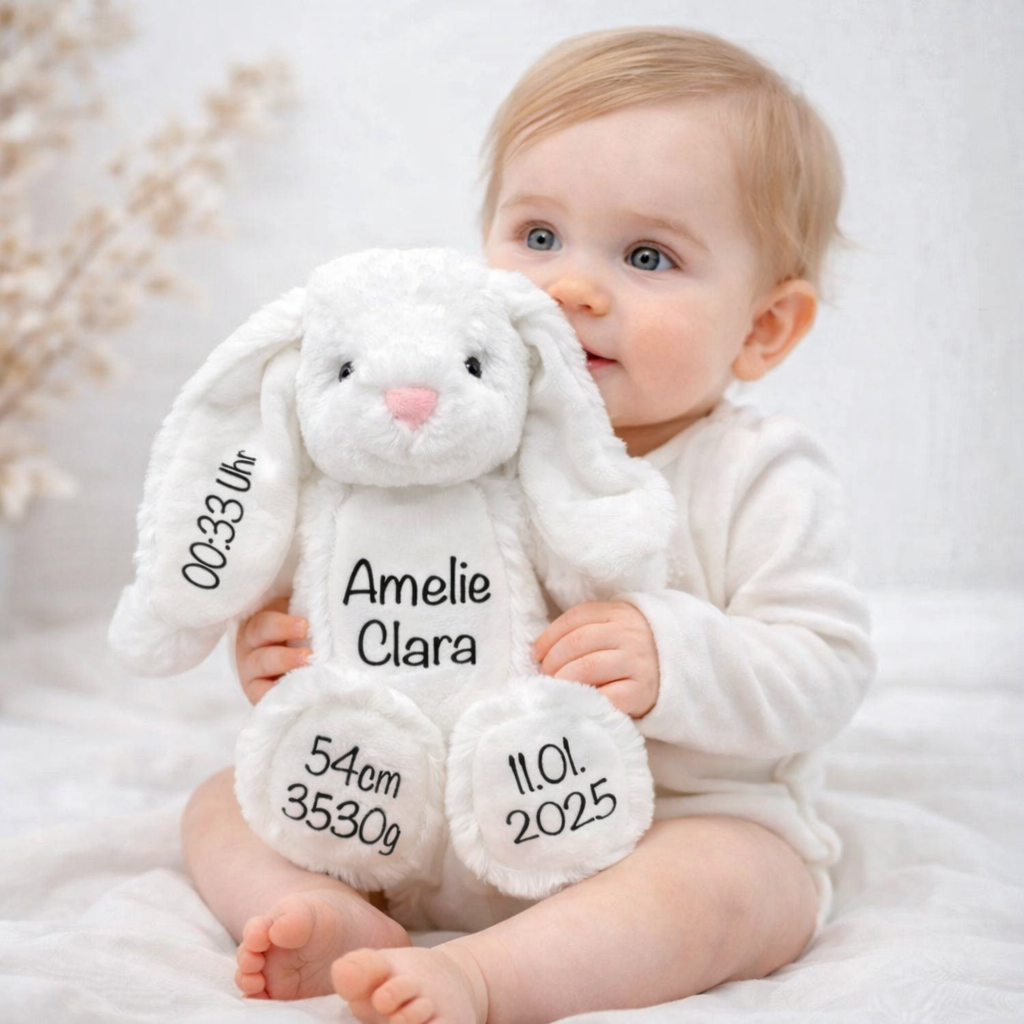Cuddly toy rabbit personalized with name and date of birth / Easter gift