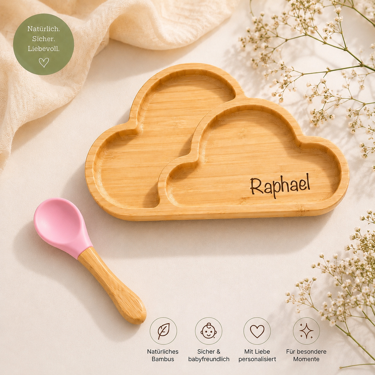 Bambusteller mit Namen im Wolken-Design | EinzigartigLiebe