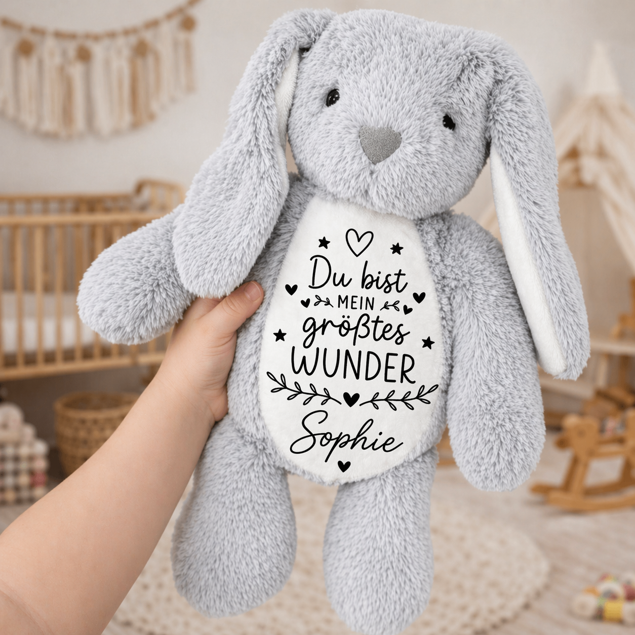 Kuscheltier Hase Personalisiert mit Name und schönem Spruch