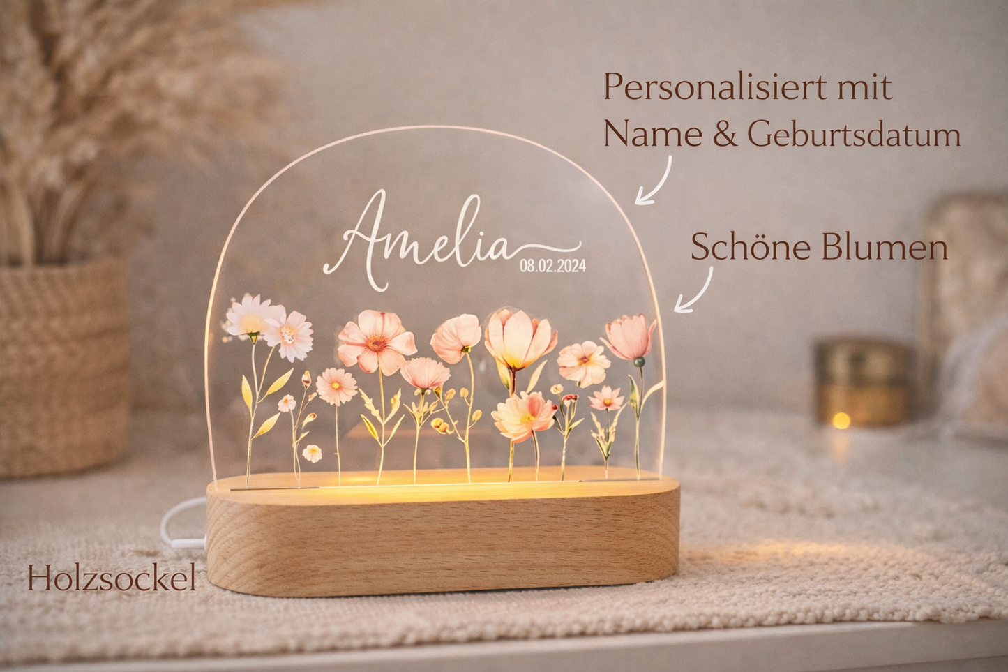 Personalized night light for children with pink flowers / name &amp; date of birth