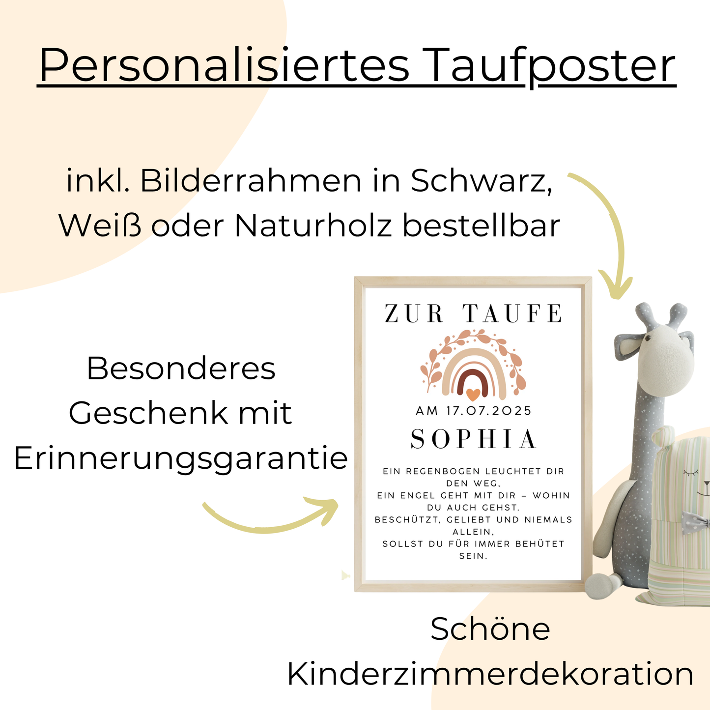 Personalisiertes Taufposter mit Name & Datum – Geschenk zur Taufe mit Regenbogen – 3 Rahmenfarben