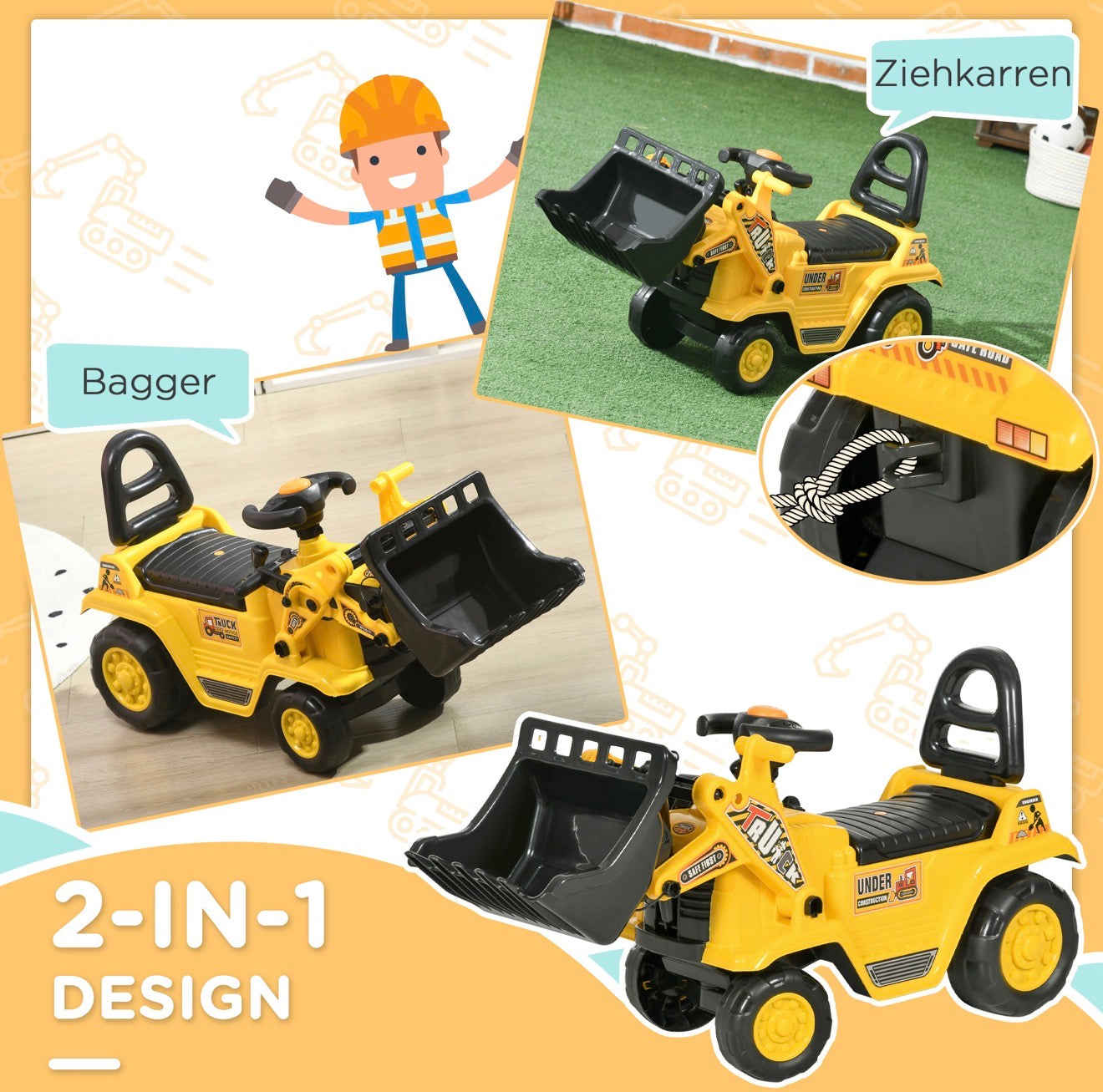 Kinder Bagger Rutschauto mit Schaufel | Aufsitzbagger für Sandkasten & Garten