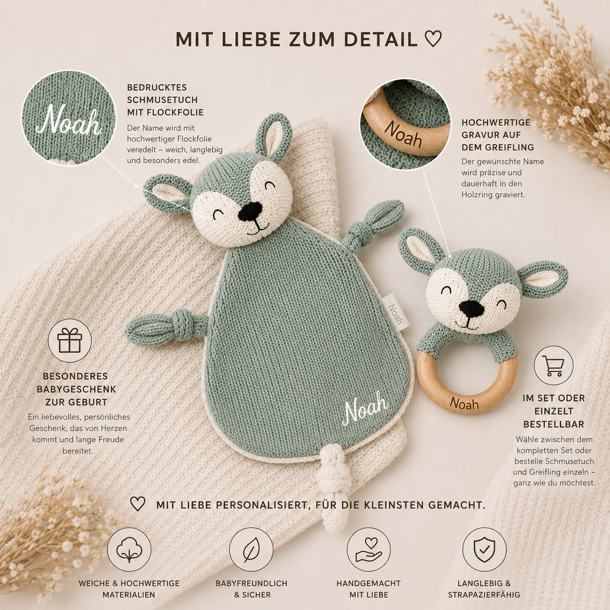 Personalized cuddle cloth with name | Rattle with name or available as a set