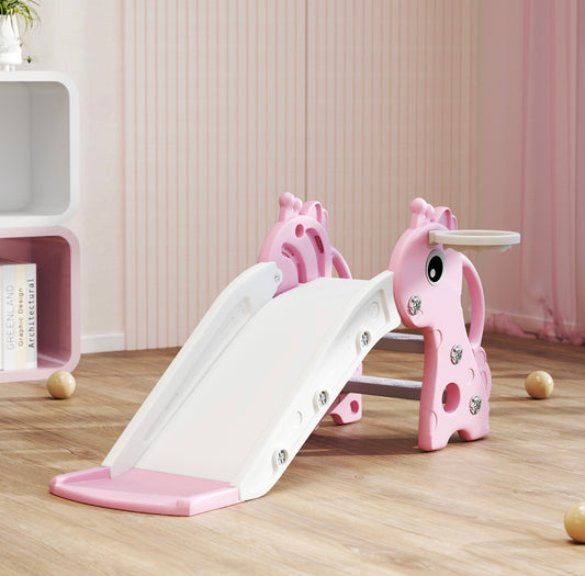 3 in 1 Kinderrutsche Rosa Giraffe mit Basketballkorb & Kletterteil